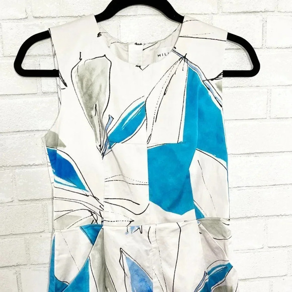 Milly Blue & White Abstract Floral Sleeveless Dress with Pockets Women's Size 4 - Picture 2 of 9